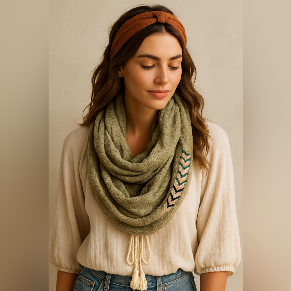 Daytrip Textured Frayed Infinity Scarf One Size Olive Green Boho Layering
